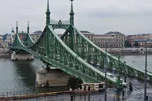 Ruins of the Ferenc József Bridge in Budapest, Hungary